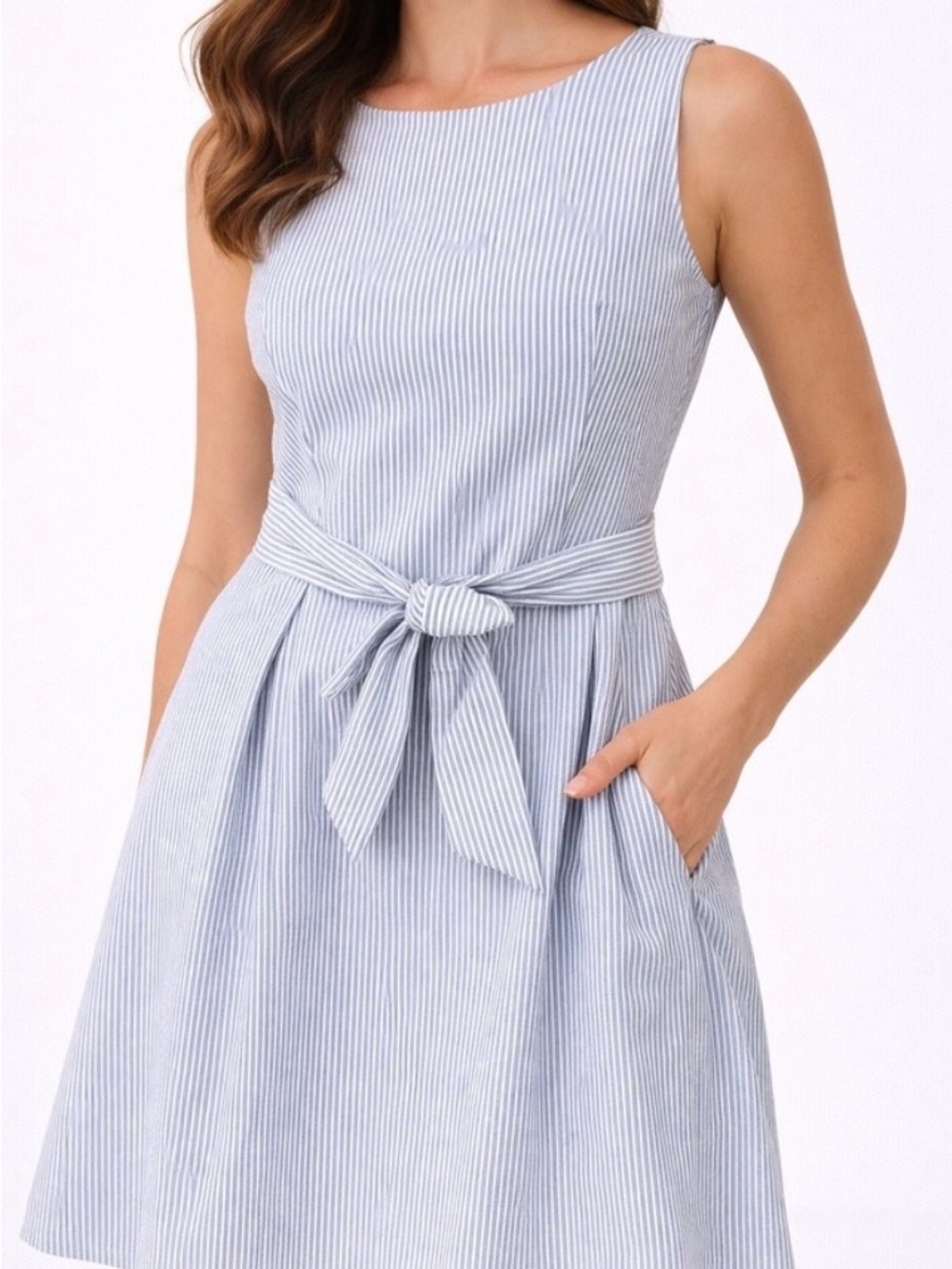 Anne Klein Sleeveless Blue Stripe Tie-Waist Dress - Picture 1 of 2